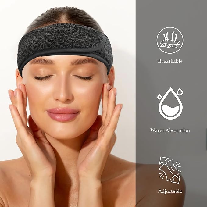 Simnice Spa Facial Headbands Esthetician,Adjustable Makeup Headband for Facials, Terry Cloth Spa Headband Hair Wrap Towel for Face Washing, Shower,Black