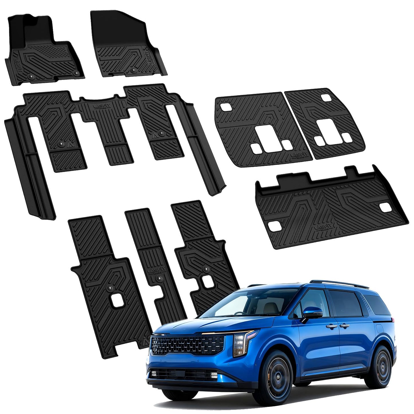 LASFIT Floor Mats & Backrest Mats & Cargo Mat for Kia Carnival 2026 2025 2024 2023 2022 (Only Fit Gas & 8 Seats), All Weather TPE Custom Fit Floor Liners Full Set Car Mats Trunk Mat Accessoires, Black
