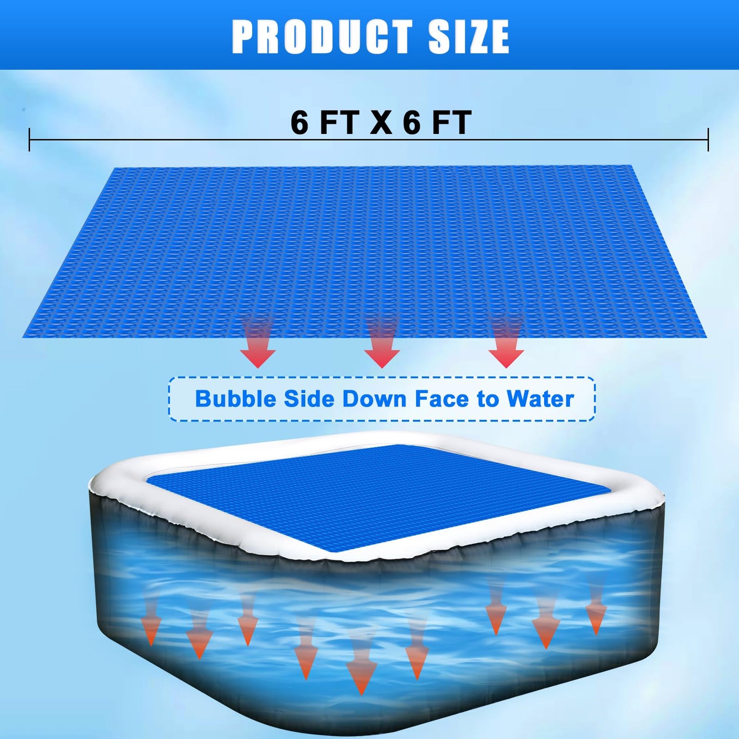 Kakolvan Solar Bubble Hot Tub Spa Cover for 6 x 6 FT Square Inflatable Swimming Pool Blanket Thermal Floating Insulation 16 Mil Bubble Solar Covers for Indoor Outdoor Spa Hot Tub Wrap Covers