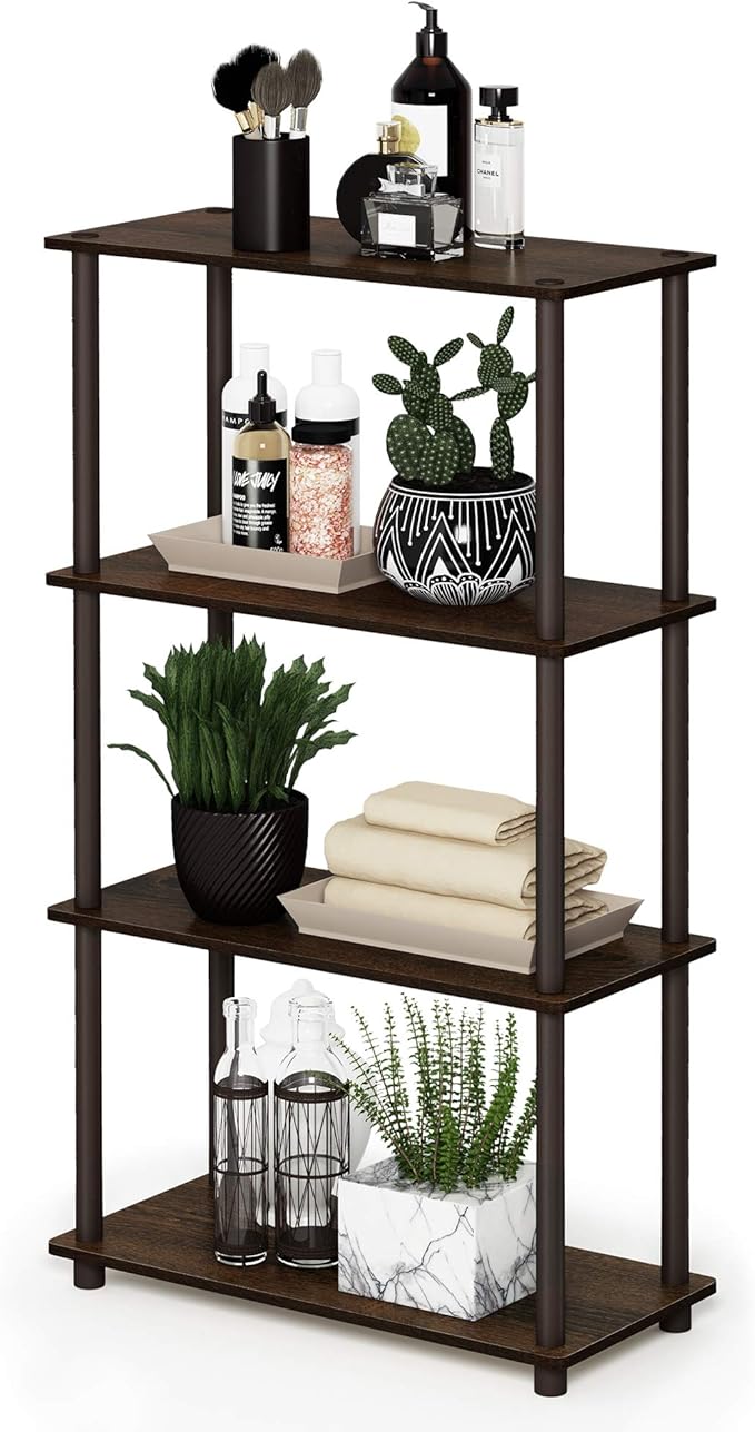 Furinno TURN-N-TUBE Storage Shelves, 4-Tier Toolless Book Shelf, Corner Shelf, Toolless Open Shelves, for Organization and Storage, Living Room, Garage, Home Office, Walnut