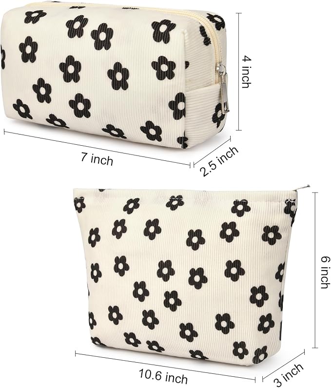 SOIDRAM 2 Pcs Makeup Bag Large Cosmetic Bag Toiletry Bag Makeup Pouch Travel Bag Organizer Cute Makeup Brushes Aesthetic Accessories Storage Bag for Women Black Floral Corduroy