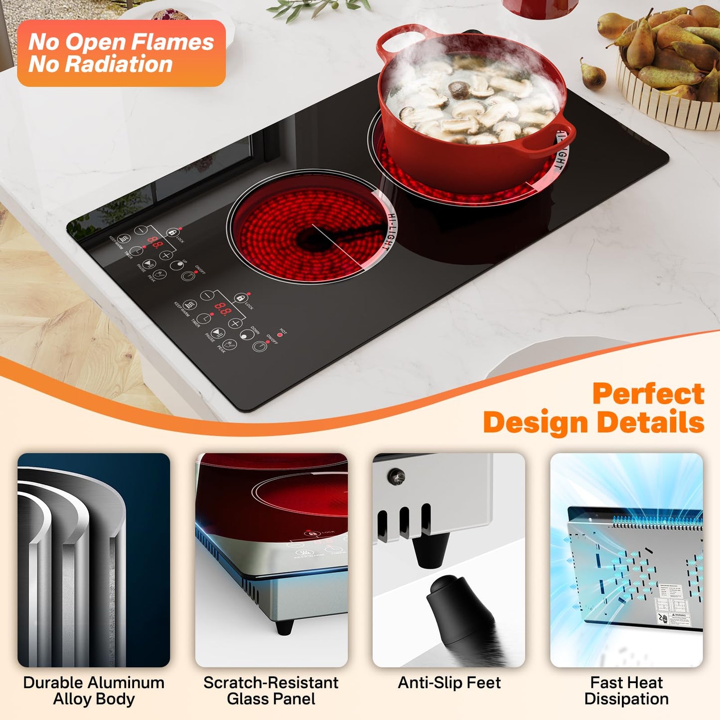 Gveyajo 2 Burner Electric Cooktop with Touch Control, 12 Inch Portable Plug in Stove Top, Ceramic Glass Double Burner, 9 Power Levels, Timer, Child Lock, 2000W