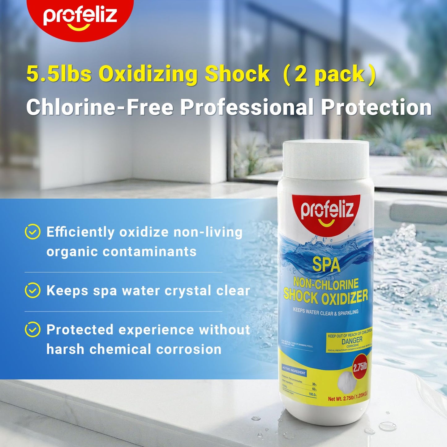 PROFELIZ Non-Chlorine Shock for Hot Tubs, Spas & Pools,Fast-Acting Chlorine-Free Oxidizer Treatment,Clear Cloudy Water,2 Pack, 5.5 lb Total