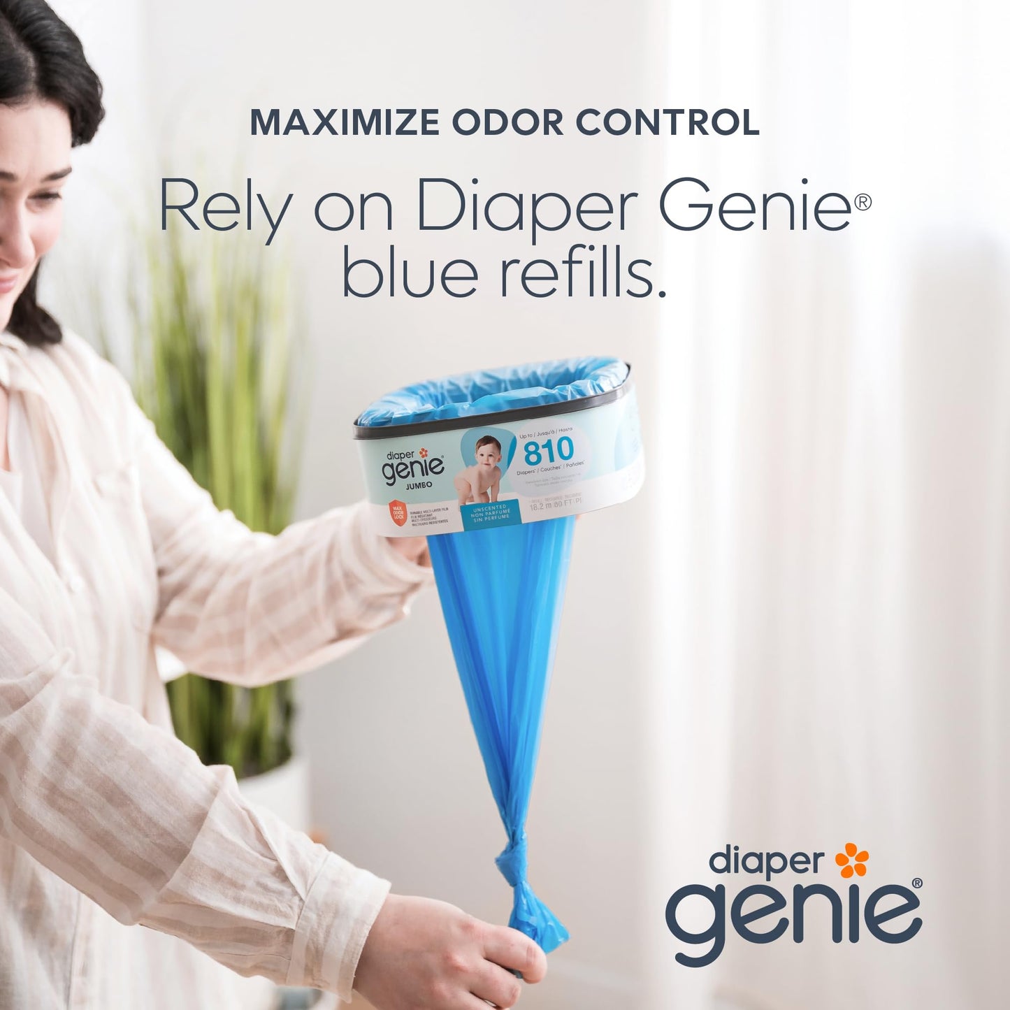 The Diaper Genie Jumbo+ Square Refill, with continuous film, can hold up to 1080 newborn-sized diapers per refill. (Pack of 2)