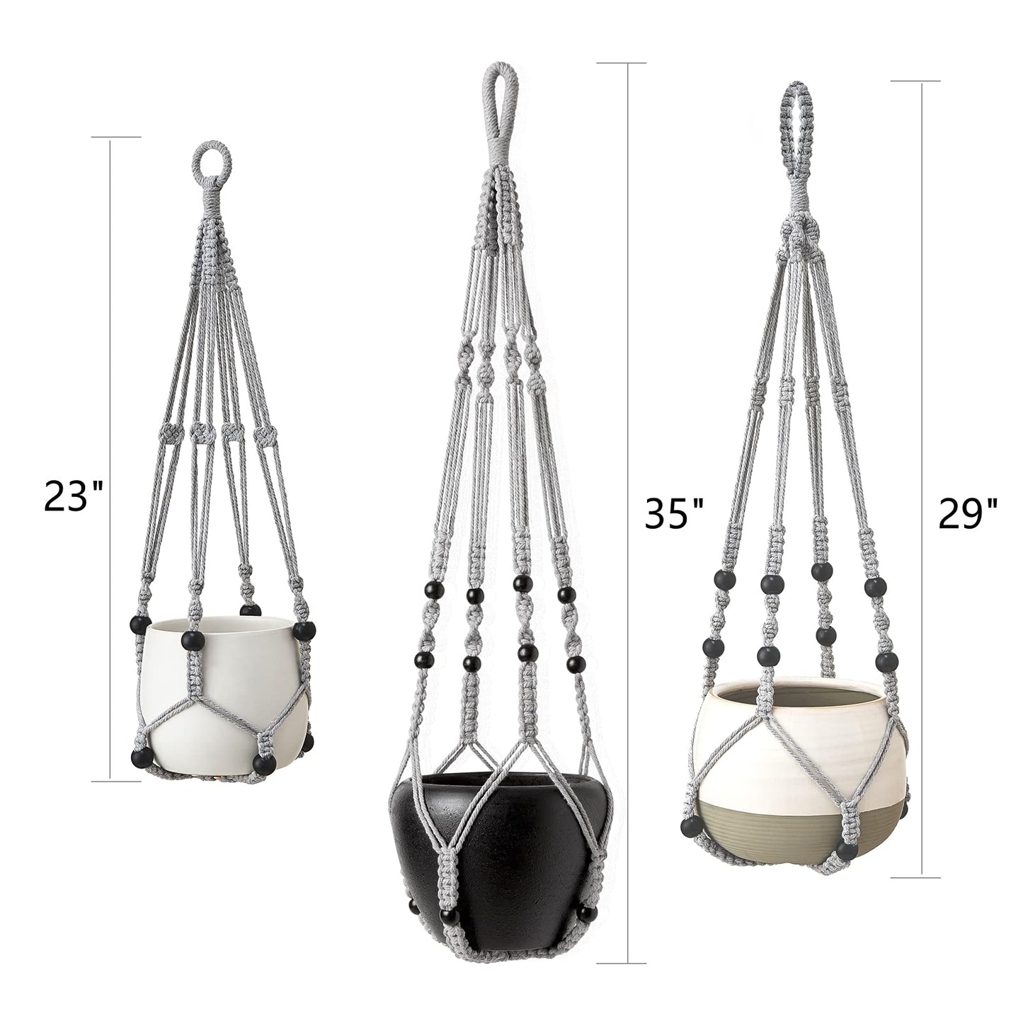 Mkono 3 Pack Macrame Plant Hangers Indoor Different Size Hanging Planter Basket Flower Pot Holder with Beads No Tassels 35"/29"/23", Medium, Grey
