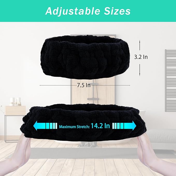 Microfiber Spa Headband 3-Pack, Soft Terry Cloth Headband for Washing Face, Facial Mask, Makeup, Shower, Yoga, Gift for Women and Teens (Black x3)