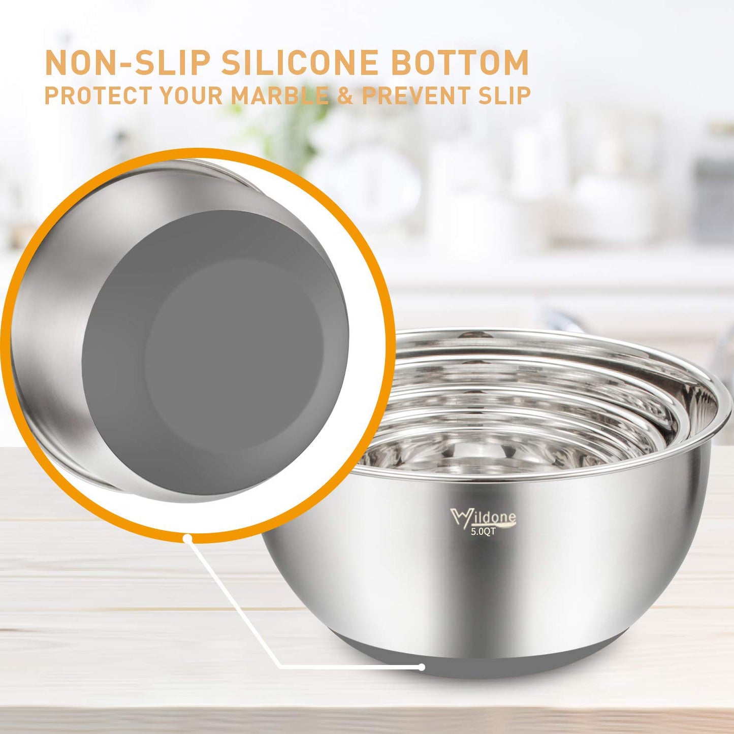 Wildone Mixing Bowls with Airtight Lids Set, 5PCS Stainless Steel Nesting Bowls Set for Kitchen, with Grater Attachments & Non-Slip Bottoms, Size 5, 3, 2, 1.5, 0.63 QT, Great for Baking & Serving