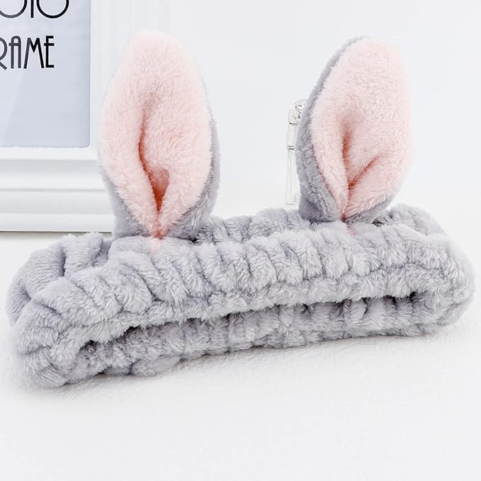YISSION Cute Bunny Ear Spa Headband for Women and Girls - Soft Plush Makeup Headband for Face Washing, Skincare, Shower, Easter Party Favors (2 Pack, Gray with Pink Inner Ears)