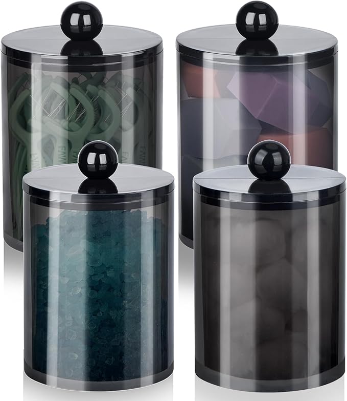 XIPENGKEJI 4 Pack Qtip Holder,Canister Apothecary Jar Set, Bathroom Jars with Lids Set for Cotton Swabs, Balls, Pads, Floss Picks,10oz-12oz Plastic Canisters Restroom Bedroom Vanity Organizer(Black)
