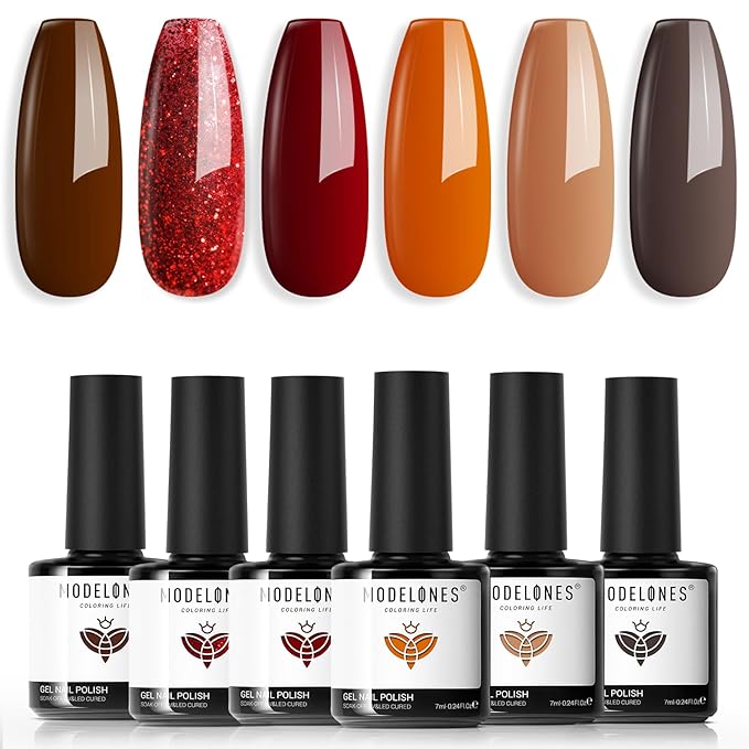 modelones Gel Nail Polish Set, 6 Colors Nude Brown Burnt Orange Glitter Gel Polish Dark Red Wine Burgundy Maroon Nail Polish Soak Off Winter Nail Art Manicure Kit DIY Salon Gift