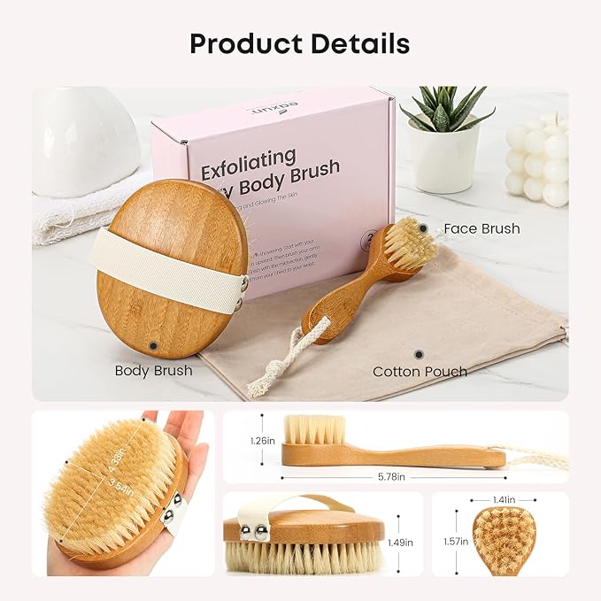 eaxun Bamboo Dry Brushing Body Brush Set, Natural Exfoliating Boar Bristle Face & Body Scrub Brush for Lymphatic Drainage, Cellulite, Blood Circulation and Glowing Skin, 2 Pack