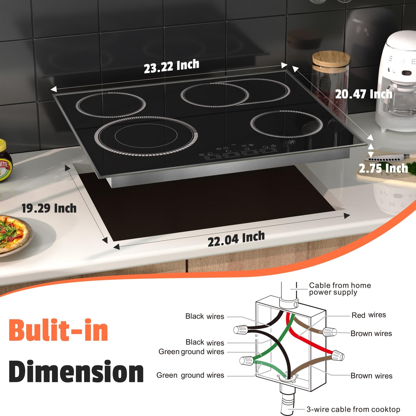 24 Inch Electric Cooktop 4 Burners, Pladeca 6600W Electric Stove Touch Control, 220-240V Built-in Radiant Stove Top with Safety Lock, Timer, Pause Control, Extended Zone, Hard Wire(No Plug)
