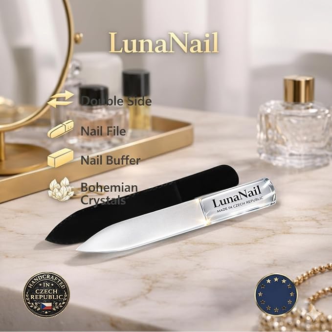 Nano Czech Glass Nail File & Buffer 2-in-1, Velvet Case, Crystal Polisher, Mirror-Shine, Keratin-Sealing, Travel Friendly