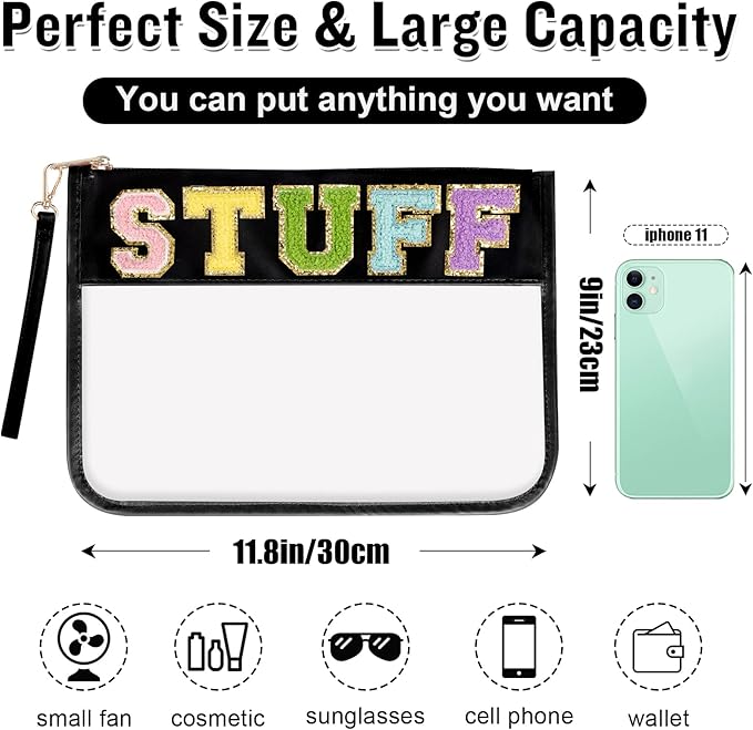 Chenille Letter Clear Bag Stuff Purse, Monogram PVC & PU Clear Zipper Pouch with Wristlet, Waterproof Portable Glitter Snacks Makeup Beach Toiletry Bag for Women Girls (STUFF-Black)