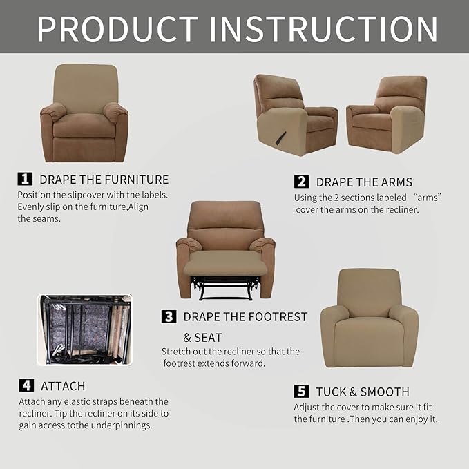 Easy-Going Recliner Stretch Sofa Slipcover Sofa Cover 4-Pieces Furniture Protector Couch Soft with Elastic Bottom Kids Spandex Jacquard Fabric Small Checks(Recliner,Tan,Large)