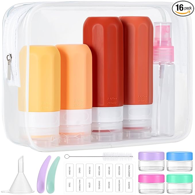 MODENGKONGJIAN 16 Pack Travel Bottles for Toiletries,TSA Approved Silicone Squeezable Travel Shampoo Bottles, 3oz Leak Proof Refillable Toiletry Cosmetic Containers (16PCS/Brown)