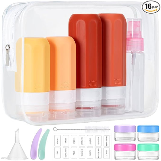 MODENGKONGJIAN 16 Pack Travel Bottles for Toiletries,TSA Approved Silicone Squeezable Travel Shampoo Bottles, 3oz Leak Proof Refillable Toiletry Cosmetic Containers (16PCS/Brown)