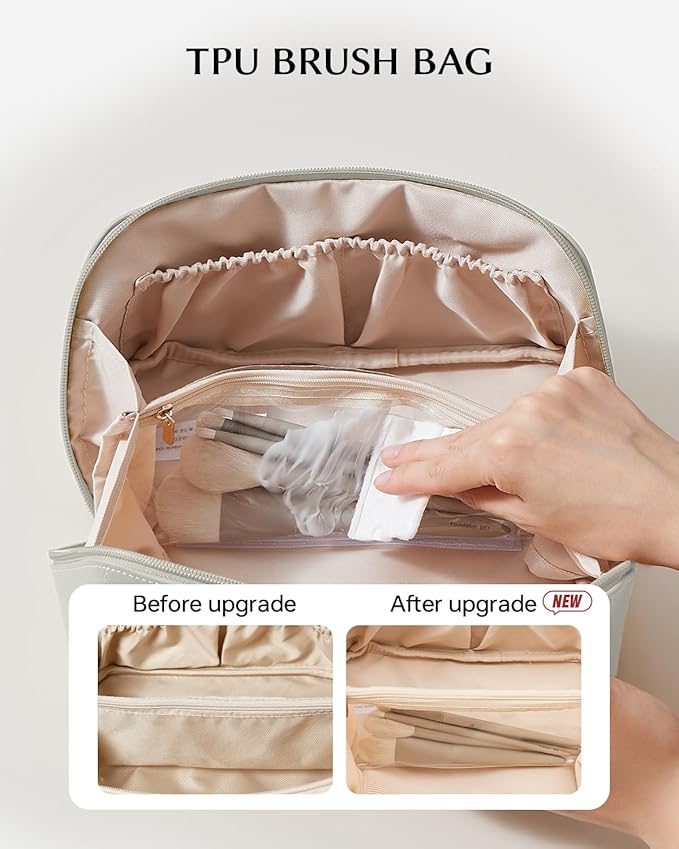 EACHY Travel Makeup Bag, Large Capacity Cosmetic Bag for Women, Waterproof PU Leather, Flat Open Portable Toiletry Bag for Skincare, Brushes & Travel Essentials