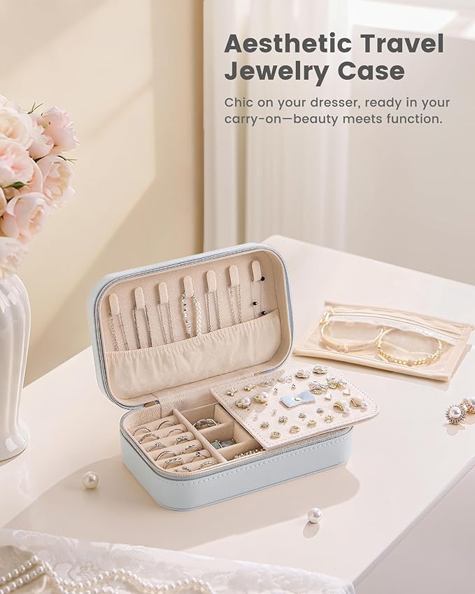 Lolalet Travel Jewelry Case for Women Girls, Travel Jewelry Organizer with Clear Storage Bag Small Portable Jewelry Box for Necklace Bracelet Earring Ring Birthday Bridesmaid Gifts -Medium/Blue