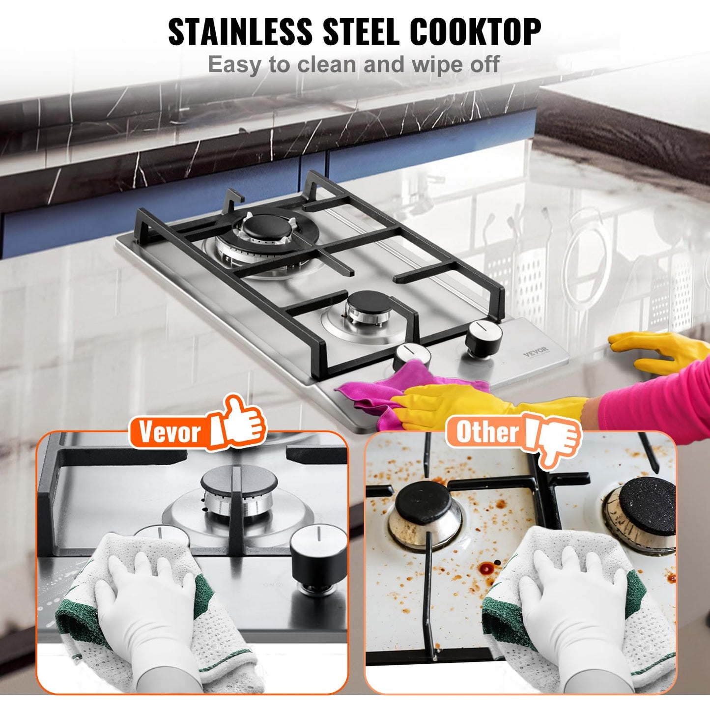 VEVOR Gas Cooktop 12 inch, Max 12250BTU 2 Burners Built-in Stainless Steel Gas Stove Top, LPG/NG Convertible Dual Fuel Natural Gas Hob with Thermocouple Protection for Outdoor, Kitchen, Camping, RV