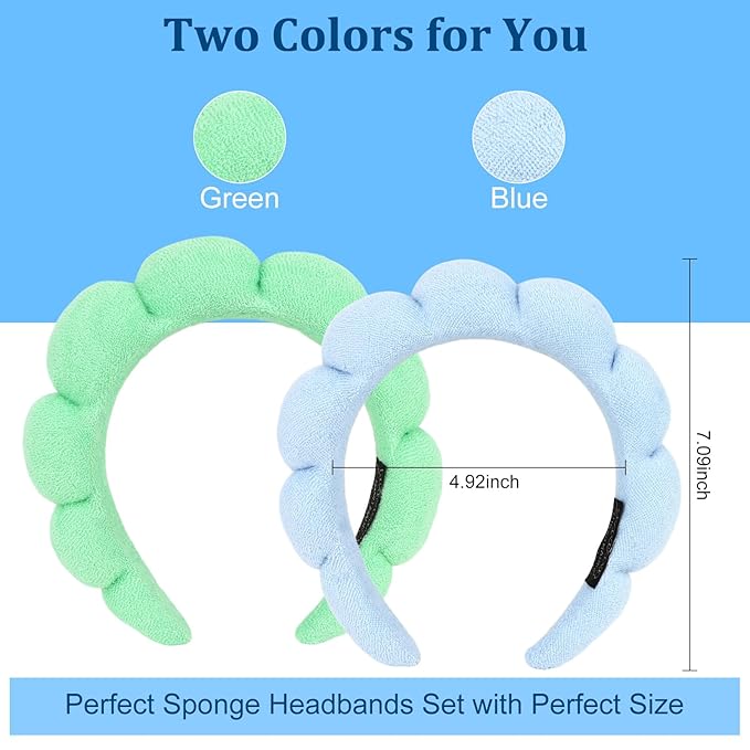 AMCAMI Puffy Spa Headband for Women Sponge Headbands for Girls 2 PCS Terry Towel Cloth Fabric Head Band for Skincare,Makeup Removal,Face Washing,Facial Mask,Shower,Hair Accessories（Blue&Light Green）