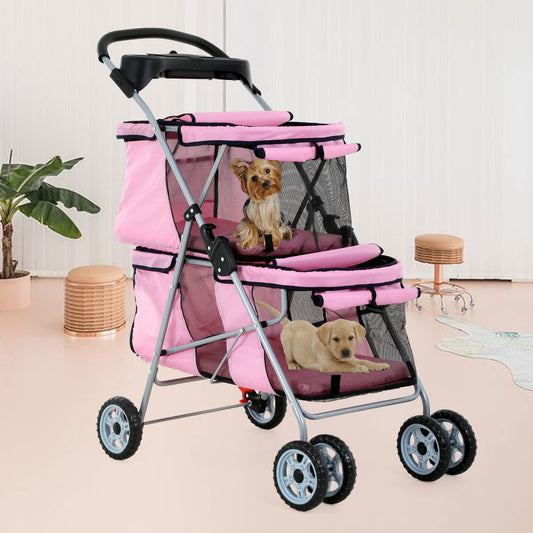 Dog Stroller 4 Wheels Cat Stroller Double Layer Pet Strollers Pet Carriers Jogger Strollers for Medium Dogs Cats Travel Camping Strolling Cart with Cup Holder Removable Liner, Pink