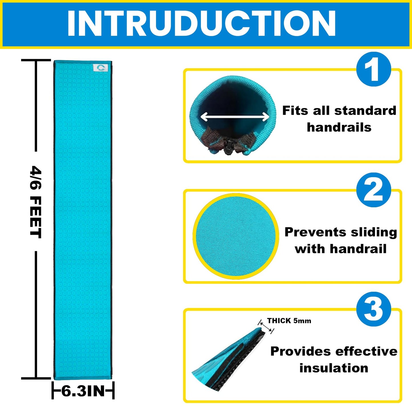 Pool Handrail Cover, 6 Feet Neoprene Zippered Pool Handle Covers, Slip Resistant Rail Grip for Swimming Pool Hand Railing Cover Cyan