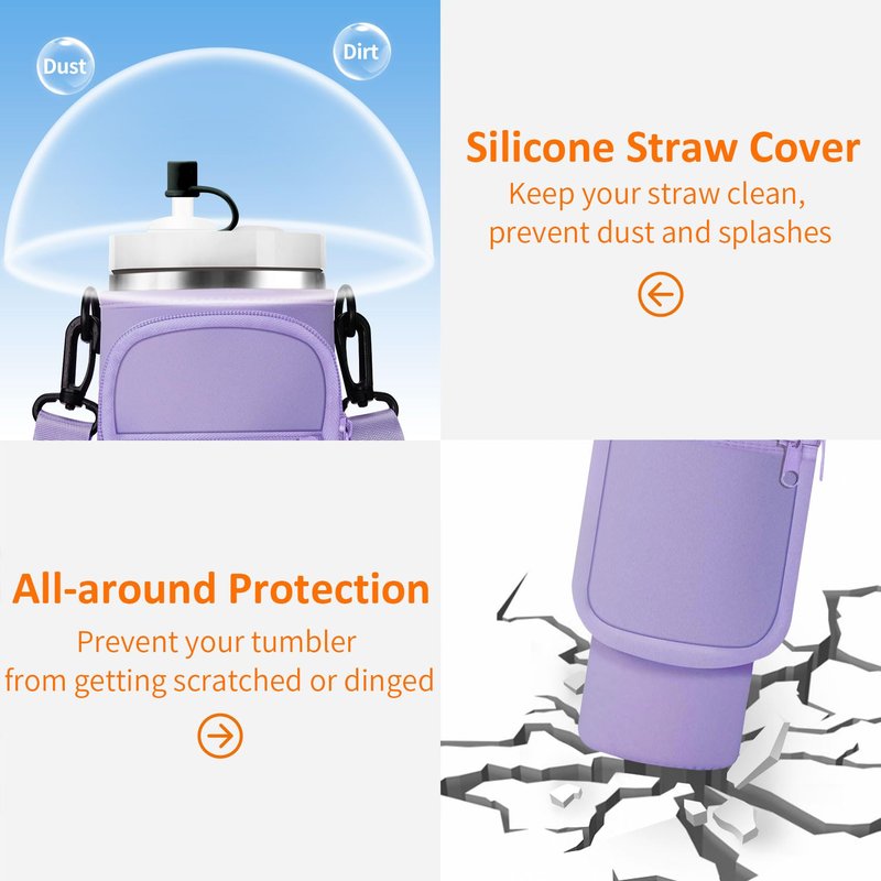 AceTreker Water Bottle Sleeve Bag for Stanley 30/40 oz Tumbler with Handle & 2 Pockets, Neoprene Metal Travel Coffee Mug Carrying Sling Accessories-Purple