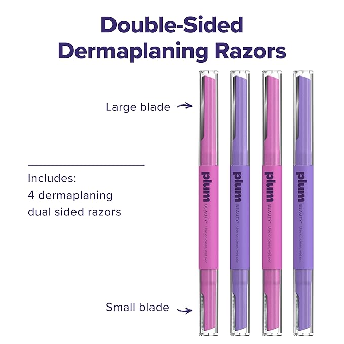 Plum Beauty Double-Sided Dermaplaning Razors (4-Pack) Ã¢ÂÂ Dual-Blade Facial Razors for Women - Precision & Large Blades for Brows, Upper Lip, & Cheeks - Peach Fuzz Remover & Exfoliating Face Tool