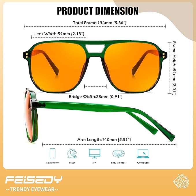 FEISEDY Amber Blue Light Glasses for Computer Gaming Orange/Yellow lens Anti Eyestrain Sleep Glasses G2835