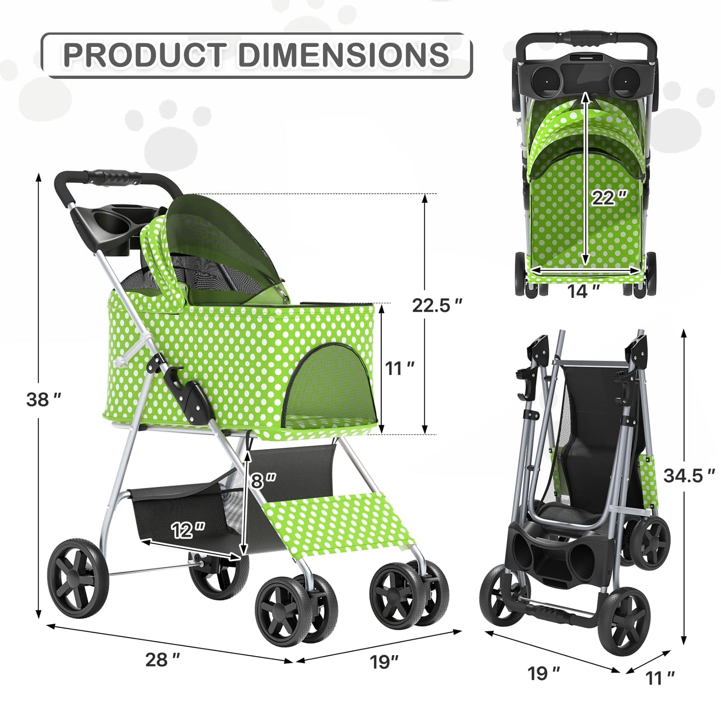 MoNiBloom 3 in 1 Foldable Pet Stroller for Small & Medium Dogs, Detachable Carrier, Car Seat, Push Button Entry, 4-Wheel Jogger for Pets up to 33 lbs, Lawn Green Polka Dots