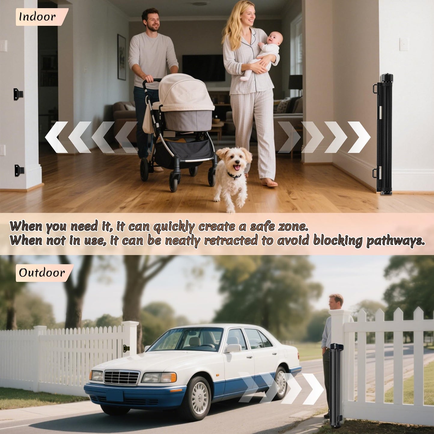 Miumoon 120 inch Retractable Baby Gates 34 inch Tall, Retractable Gate with Reinforced Strip Design to Prevent Crawling Through, 10 FT Extra Wide Retractable Dog Gate for Indoor/Outdoor