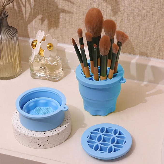 Makeup Brushes Cleaner Mat with Brush Storage Holder, Folding Portable Washing Tool for Makeup Brush Cleaning, 2 In 1 Silicone Brush Cleaner Pad & Cosmetic Brush Organizer Rack (Blue)
