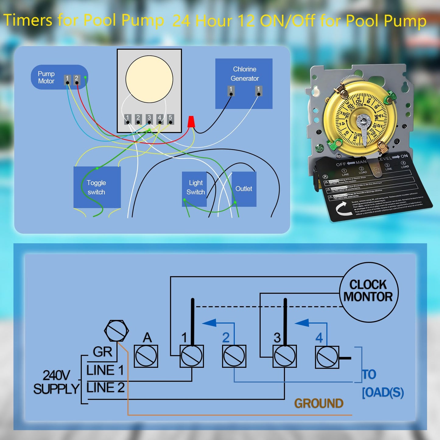 T104M Pool Timer Mechanism Only, Pool Pump Timer, 208-277V 40A Time Switch, 24 Hour 12 ON/Off for Pool Pump, Heavy-Duty Mechanical Time Switches,Time Switch Mechanism Only, 5 Years Warranty