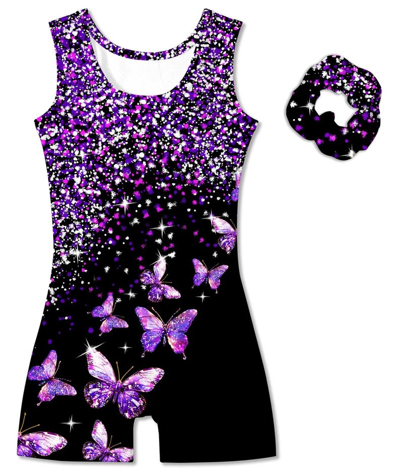 Vogseek 5-6 Years Girls Gymnastics Leotards with Hair Scrunchie Sparkle Dance Unitards Purple Butterfly's Glitter Active Biketards with Shorts for Kid Cute Tumbling Dance Outfit, Black