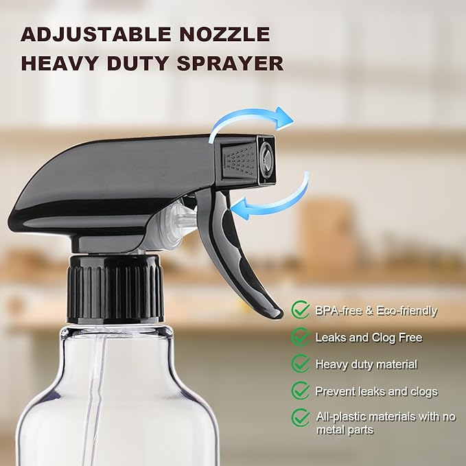 Plastic Spray Bottle 16.9oz Empty Spray Bottles Refillable Container Trigger Sprayer for Cleaning Solutions, Water, Plants, Pet, Essential Oils, Hair, 2 Pack (BlackClear)