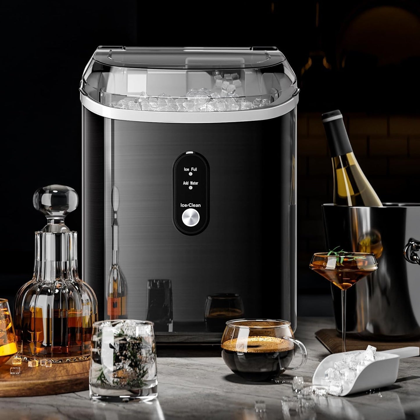 Nugget Countertop Ice Maker with Chewable Pellet Ice, Antarctic Star Portable Ice Machine Pebble Ice with Self-Cleaning, 34Lbs/24H, One Button Operation, for Kitchen, Home Black