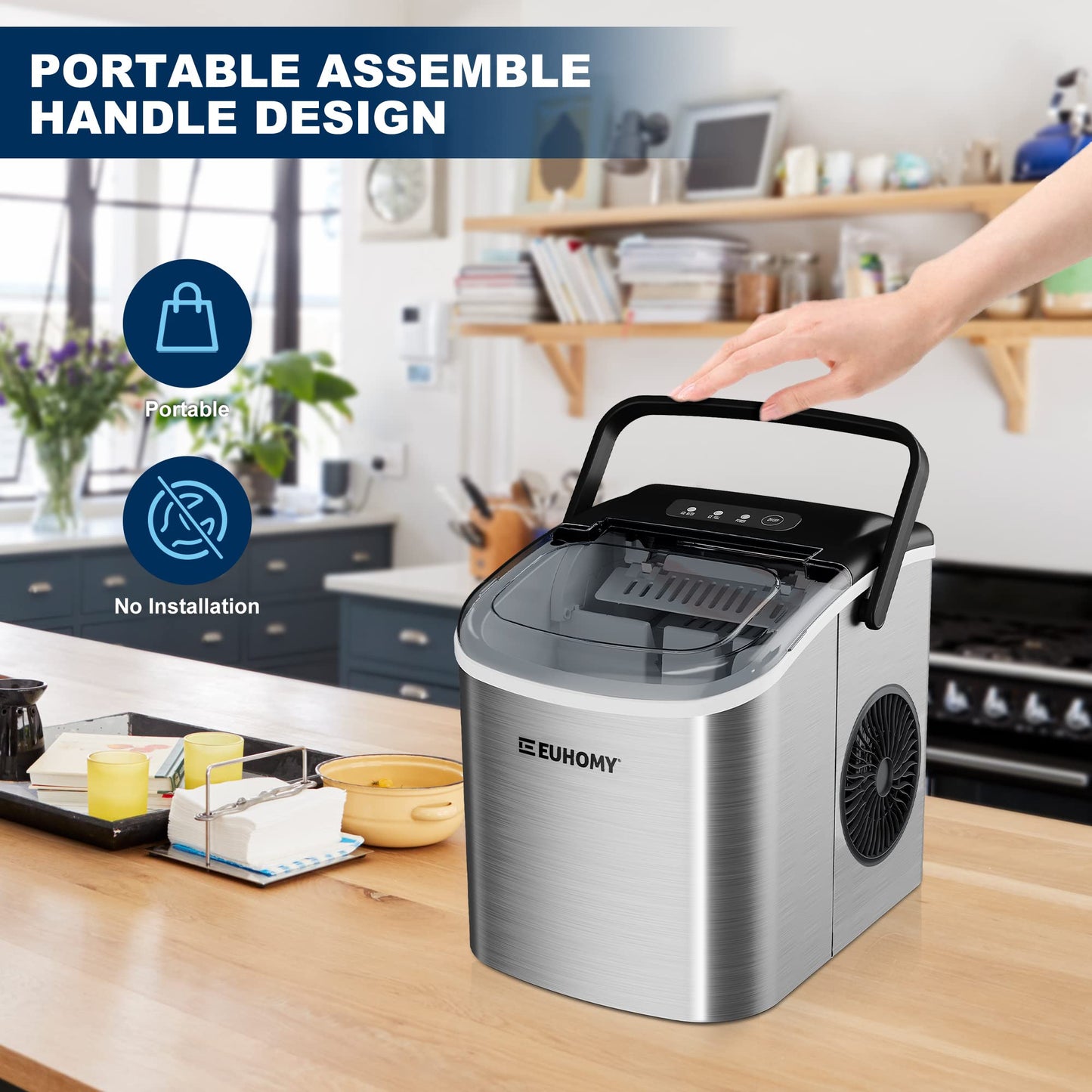 EUHOMY Ice Maker Machine Countertop with Handle, 26lbs/24H, 9 Bullet Ice Cubes Ready in 6 Mins, Auto-Cleaning, Portable Ice Maker with Basket and Scoop, for Home/Kitchen/Camping/RV. (Silver)