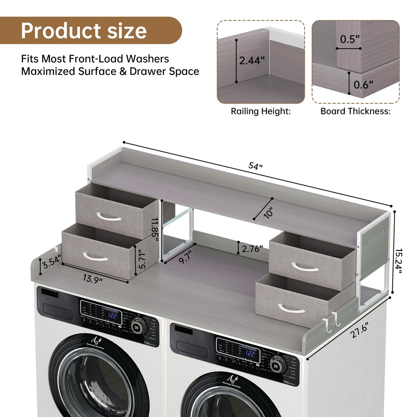 4 Drawers Washer Dryer Countertop with Shelf, 27.5" D x 54" W Laundry Topper with 3.54" High Guardrails and Non-Slip Pads,Extra Storage Organizer for Over Washer and Dryer, Holds 66 Lbs, Light Grey