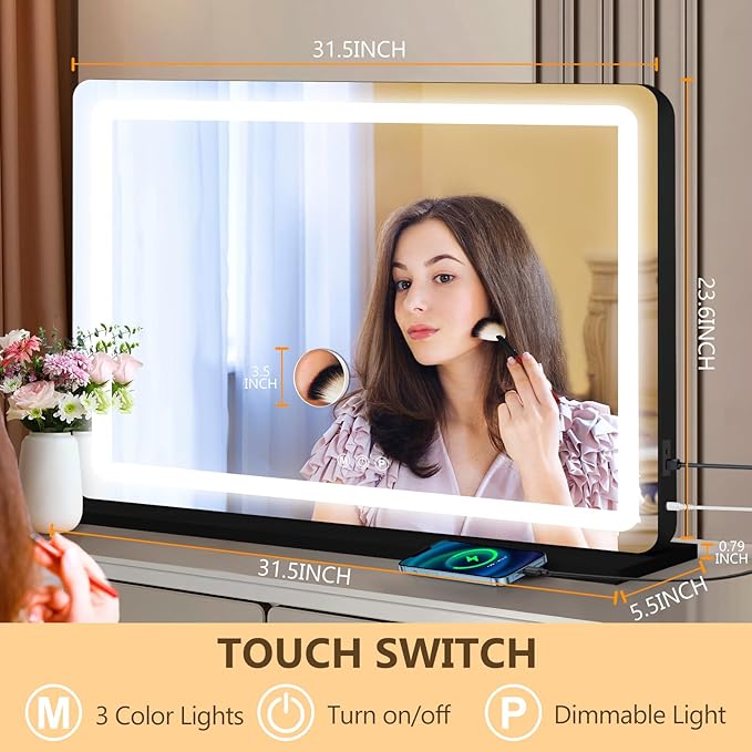 Vanity Mirror with Lights, Led Makeup Mirror, Lighted Makeup Mirror with 3 Color Dimmable Lights, Smart Touch Screen Control, Aluminum Metal Frame,USB Charging Port
