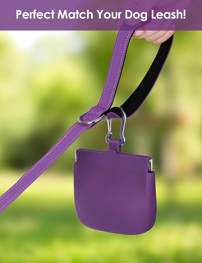 RBibei【One-Hand Access Silicone Dog Treat Pouch, Small Pocket Sized Training Pouch with Pull Tab & Auto Closing Lid for Easy Pet Training & Walking (Purple)