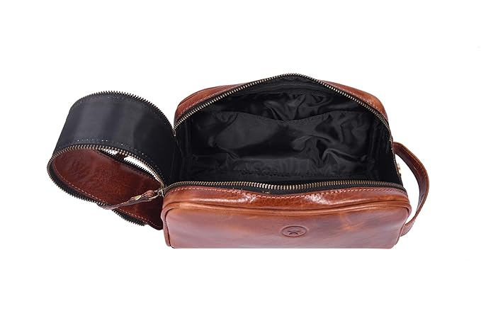 10" Premium Leather Toiletry Travel Pouch With Waterproof Lining | King-Size Handcrafted Vintage Dopp kit By Aaron Leather Goods (Buckthrown Brown)