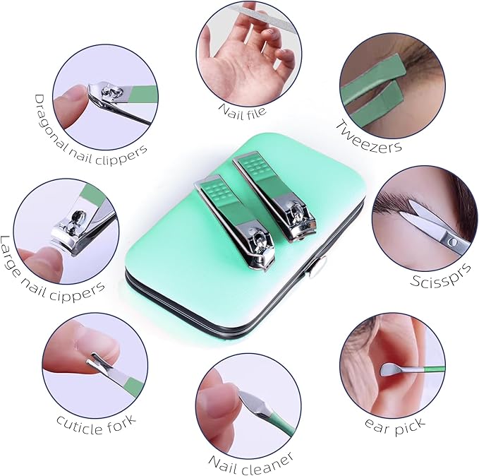 Manicure Set 8 in 1 Nail Clipper Set,RedFlow Nail Clippers,Fingernail & Toenail Clippers,Manicure Tools,Pedicure Tools,Suitable for Travel Manicure Kit,Nail Set Kit with Everything Profe (Green)