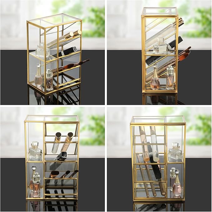 ELLDOO Rollerball Perfume Organizer, 6 Compartment Clear Glass Perfume Storage Holder Vintage Beauty Scent Holder, Metal Makeup Lipgloss Lipstick Display Case
