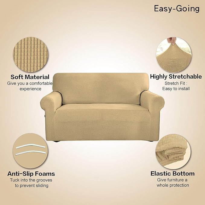 Easy-Going Stretch Oversized Sofa Slipcover 1-Piece Sofa Cover Furniture Protector Couch Soft with Elastic Bottom for Kids, Polyester Spandex Jacquard Fabric Small Checks Beige