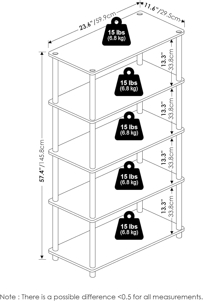 Furinno TURN-N-TUBE Storage Shelves, 5-Tier Book Shelf, Corner Shelf, Toolless Open Shelves, for Organization and Storage, Living Room, Garage, Home Office, Dark Cherry