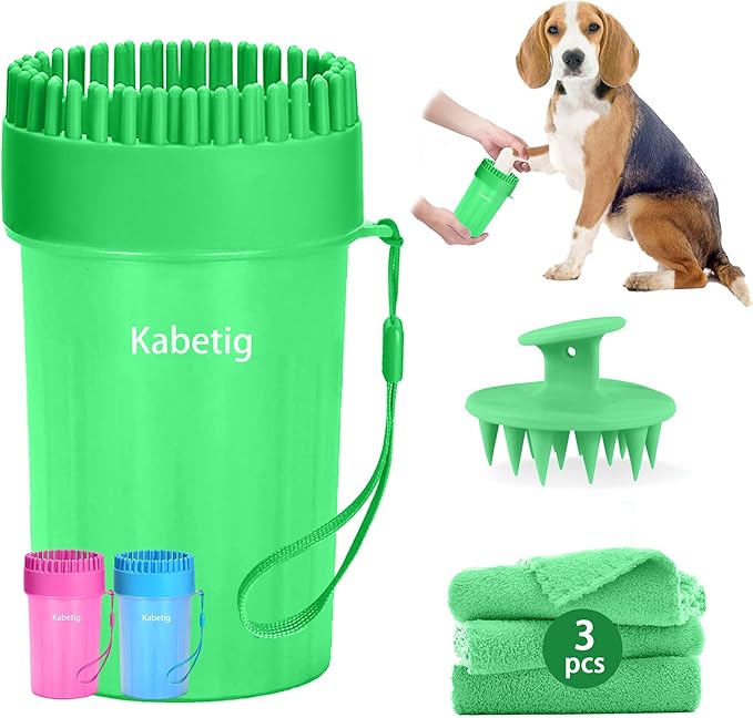 Dog Paw Cleaner Kit for Medium & Small Dogs - Quick Clean No Full Bath, 2-in-1 Paw Wash Cup with Detachable Silicone Brush Head, Includes Bath Brush & 3 Absorbent Towels, Green