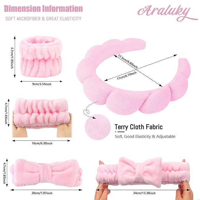 6 Pcs Puffy Terry Cloth Headbands and Wristbands for Skincare, Shower, and Makeup Removal