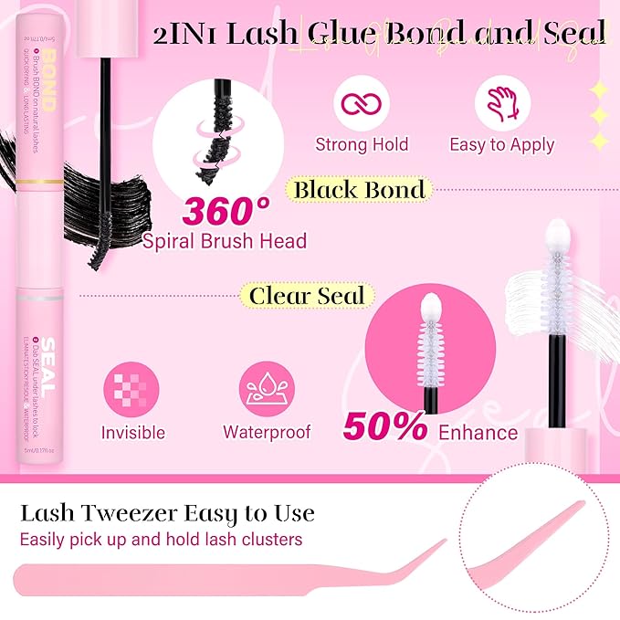 PHKERATA Invisible Band Lash Clusters Kit Wispy Lash Extension Kit Natural Eyelash Clusters DIY Cluster Eyelash Extension Kit Individual Lashes with Lash Glue Bond and Seal Tweezers, 8-16 mm