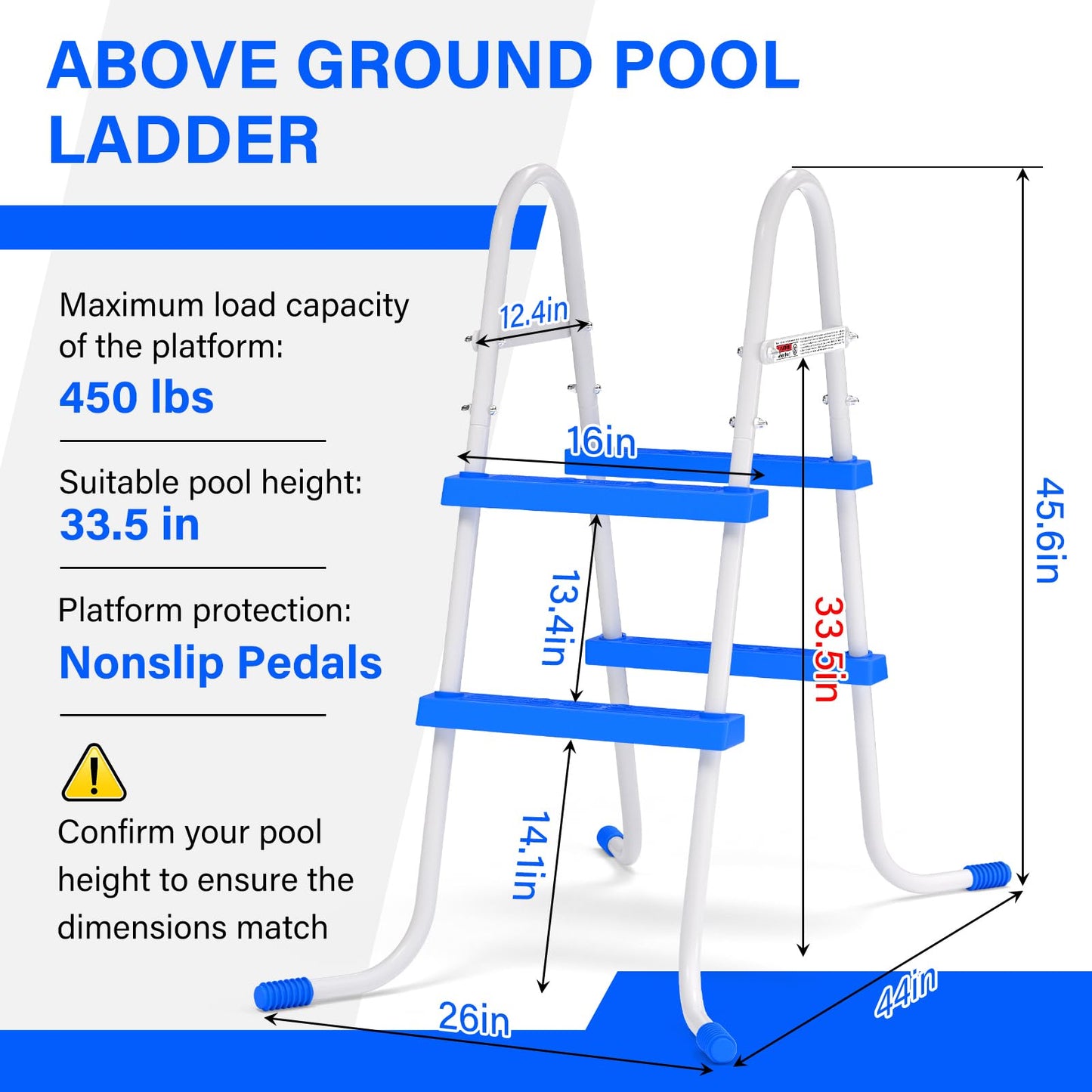REGMICS Heavy Duty Steel Frame Swimming Pool Ladder for Above Ground Pools, 2-Step Double-Sided Pool Stairs for 33.5" Height Pools, 450lbs Capacity with Anti-Slip Rubber Feet & Wide Steps